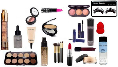 

divas beauty Eyelashes With Mac 10 Shades Concealer palette & 3 Shade Blusher,Select Cover up Concealer,Studio Fix Compact,3 Shades Eyeshadow Compact & Prep+Prime highlight,Face Serum,Primer Oil,Makeup brush 3,Padhma Eyeliner & Mascara,Matte Finish Long L