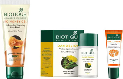 

BIOTIQUE BIO HONEY GEL REFRESHING FOAMING FACE WASH FOR ALL SKIN TYPES, DANDELION AGELESS LIGHTENING SERUM ,LIP CARE(Set of 3)