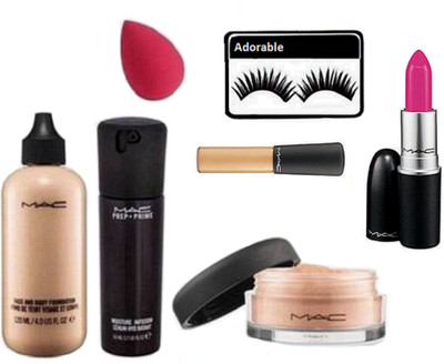 

Adorable Eyelashes,mac face and body foundation, mac concealer, prep+prime moisture Infusion Face serum, Loose Powder,mac lipstick and Sponge Puff (Set of 7)(Set of 7)