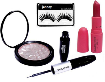 

jenney Eyelashes, Mac Beauty Makeup Powder Illuminator With Giambattista Valli D For Danger Lipstick and Colorbar 2 in 1 Eyeliner & Mascara(Set of 4)