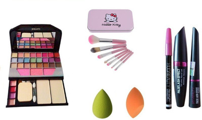 

jollity Make Up Kit Mini Laptop + Hello Kitty Make Up Brush Set Of 7 (PINK) + Huda Beauty 3 in 1 Kajal, Eyeliner, Mascara + 2 Puff(Set of 7)