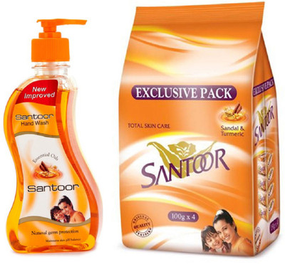 santoor Soap with Sandal And Turmeric and handwash with sandal(Set of 5)