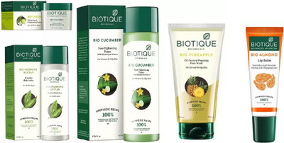 

BIOTIQUE BIO Pineapple Oil Control Foaming Face Wash, Morning Nectar Flawless Skin Moisturizer, Cucumber Pore Tightening Toner, Coconut Whitening & Brightening Cream, LIP BALM(Set of 5)