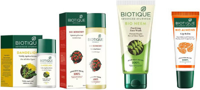 

BIOTIQUE BIO Dandelion Ageless Lightening Serum, BERBERRY HYDRATING CLEANSER FOR ALL SKIN TYPES, Neem Purifying Face Wash, LIP BALM(Set of 4)