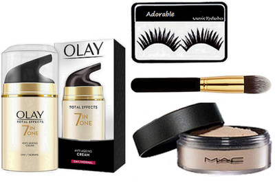 

Adorable eyelashes & Olay total effects 7 in one anti cream & mac loose powder & Make Up brush(Set of 4)