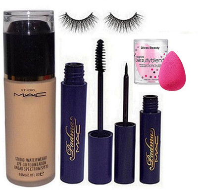 

divas beauty Sponge Puff & Mac Studio Waterweight Foundation & Padma Mascara & Eyeliner & Eyelashes(Set of 5)