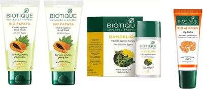 

BIOTIQUE BIO PAPAYA EXFOLIATING FACE WASH FOR ALL SKIN TYPES, DANDELION AGELESS LIGHTENING SERUM, LIP CARE(Set of 4)