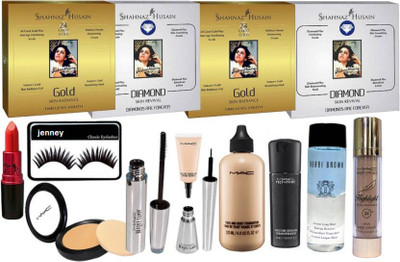 

jenney Eyelashes, Gold Kit 2 & Shah Dimond Kit 2 & Lady GAga Lipstick & Mac Compact & Brooke Candy MAscara & Eyeliner & Select cover-Up & Face And Body Foundation & Face Primer & Bobbi Brown Remover & Higlighter(Set of 14)