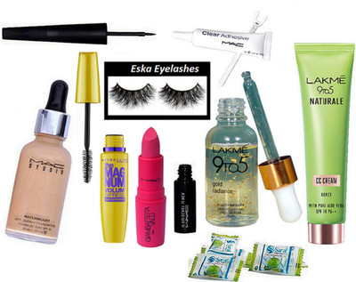 

eska Eyelashes,Glue,Mac Giambattista valli Matte FInish Lipstick,Studio Waterweight Foundation,Liquid Eyeliner,Lakme 9to5 Gold radiance serum,Naturale CC Cream,Maybelline the mag num mascara,Napkin Pack Of 3(Set of 11)