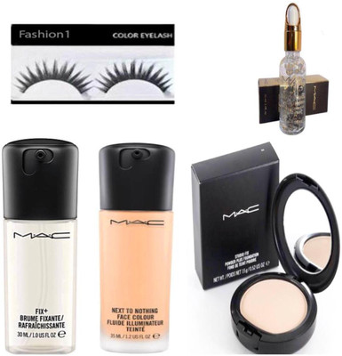

FASHION 1 Combo kit of mac smoothing perfecting primer,fix brume,foundation,compact with eyelashes(Set of 5)