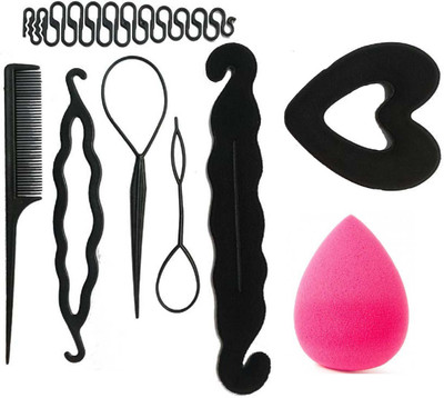 

Bella Hararo 8pc Set Juda Maker+ Heart shape donut + Braid maker + Hair Styling Tool Combo & Sponge Puff for Foundation(Set of 1)