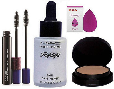 

jenney Sponge Puff & Prep+Prime Highlight Skin Base Visage, Mac Haute & Naughty Black Double Effect Mascara, Powder Plus Foundation Studio Fix Pressed Powder compact(Set of 4)