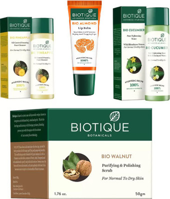 

BIOTIQUE BIO BIO PINEAPPLE OIL CONTROL FACE CLEANSER, Cucumber Pore Tightening Toner, WALNUT PURIFYING & POLISHING SCRUB, LIP CARE(Set of 4)