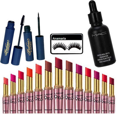 

anamaria Eyelashes & Mac Hyper Real Foundation & Padma Eyeliner+Mascara & Lakme 9 to 5 Primer Matte Lipstick(Set of 17)