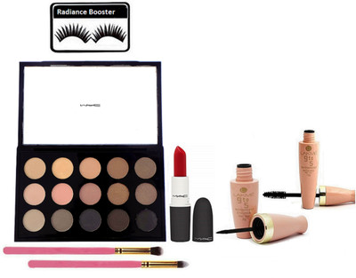 

radiance booster Eyelashes & Mac 15 Shades Eye Shadow Palette With Make Up Brush 2 & Lipstick & Lakme 9 to 5 Water Proof Eyeliner+Mascara(Set of 7)