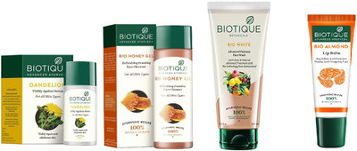 

BIOTIQUE BIO Dandelion Ageless Lightening Serum, Honey Gel Refreshing Foaming Face cleanser , white advanced fairness face wash, LIP CARE(Set of 4)