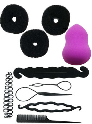 

Bella Hararo 10pc Set Juda Maker+ Heart shape donut + Braid maker + Hair Styling Tool Combo & Shape Makeup Foundation Sponge Puff(Set of 10)