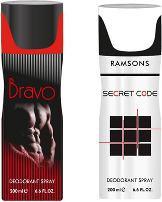 

ramsons Bravo & Secrate Code Body Spray - For Men & Women(200 ml, Pack of 2)