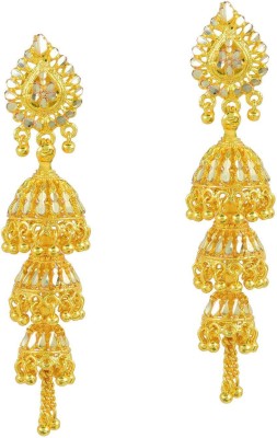 Happy Stoning Gold plated three layered Partywear/Bridal Jhumka Earrings Alloy Jhumki Earring