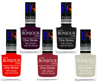 

Bonjour Paris Stylish Nail Polish Set of 5 Pcs 01-02-03-18-38 Orange,Plum,Maroon,Black,Glitter White(Pack of 5)