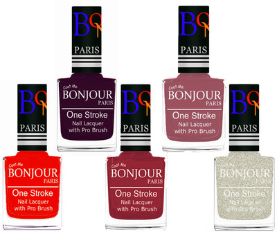 

Bonjour Paris Stylish Nail Polish Set of 5 Pcs 01-02-03-05-38 Orange,Plum,Maroon,Nude,Glitter White(Pack of 5)