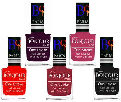 

Bonjour Paris Stylish Nail Polish Set of 5 Pcs 01-02-03-14-18 Orange,Plum,Maroon,Magenta,Black(Pack of 5)