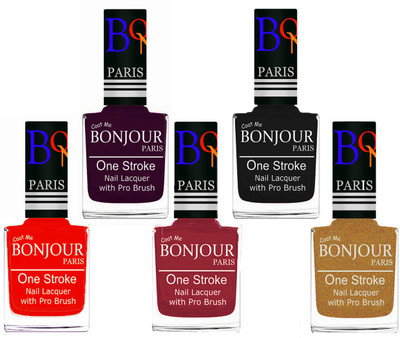 

Bonjour Paris Stylish Nail Polish Set of 5 Pcs 01-02-03-18-43 Orange,Plum,Maroon,Black,Golden Shimmer(Pack of 5)