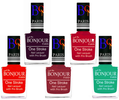 

Bonjour Paris Stylish Nail Polish Set of 5 Pcs 01-02-03-04-44 Orange,Plum,Maroon,Pink,Green(Pack of 5)