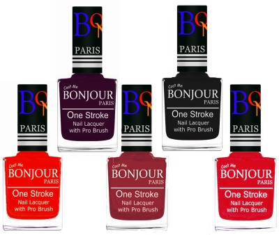 BONJOUR PARIS Stylish Nail Polish Set of 5 Pcs 01-02-03-18-45 Orange,Plum,Maroon,Black,Royal Pink(Pack of 5)