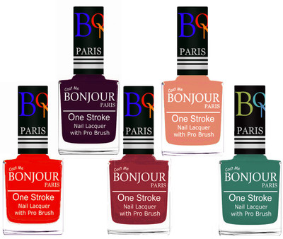 

Bonjour Paris Stylish Nail Polish Set of 5 Pcs 01-02-03-23-42 Orange,Plum,Maroon,Peach,Sky Blue(Pack of 5)