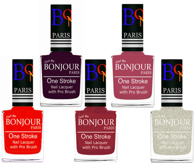 

Bonjour Paris Stylish Nail Polish Set of 5 Pcs 01-02-03-11-38 Orange,Plum,Maroon,Mauve,Glitter White(Pack of 5)