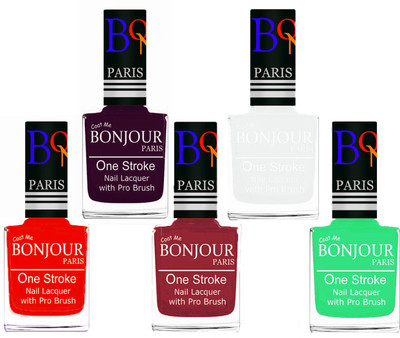 

Bonjour Paris Stylish Nail Polish Set of 5 Pcs 01-02-03-19-47 Orange,Plum,Maroon,White,Neon Green(Pack of 5)