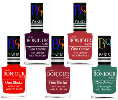 

Bonjour Paris Stylish Nail Polish Set of 5 Pcs 01-02-03-12-42 Orange,Plum,Maroon,Red,Sky Blue(Pack of 5)