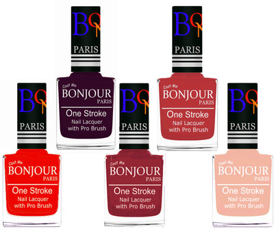 

Bonjour Paris Stylish Nail Polish Set of 5 Pcs 01-02-03-12-24 Orange,Plum,Maroon,Red,Off Pink(Pack of 5)