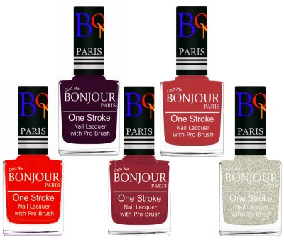 BONJOUR PARIS Stylish Nail Polish Set of 5 Pcs 01-02-03-12-38 Orange,Plum,Maroon,Red,Glitter White(Pack of 5)