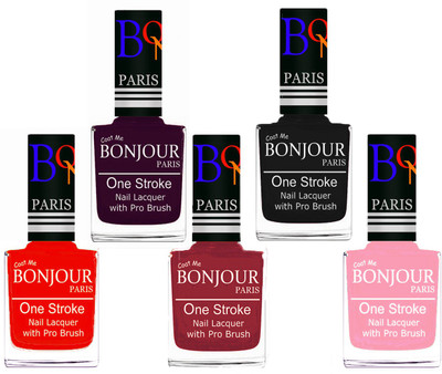 

Bonjour Paris Stylish Nail Polish Set of 5 Pcs 01-02-03-18-30 Orange,Plum,Maroon,Black,Baby Pink(Pack of 5)