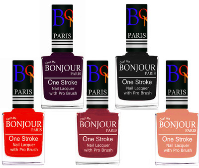 

Bonjour Paris Stylish Nail Polish Set of 5 Pcs 01-02-03-18-23 Orange,Plum,Maroon,Black,Peach(Pack of 5)