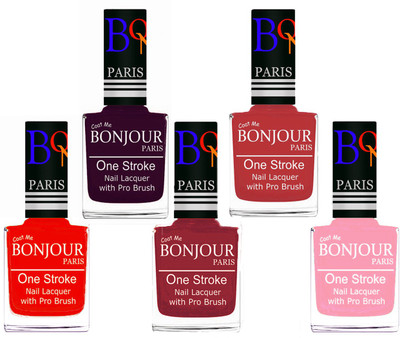 

Bonjour Paris Stylish Nail Polish Set of 5 Pcs 01-02-03-12-30 Orange,Plum,Maroon,Red,Baby Pink(Pack of 5)