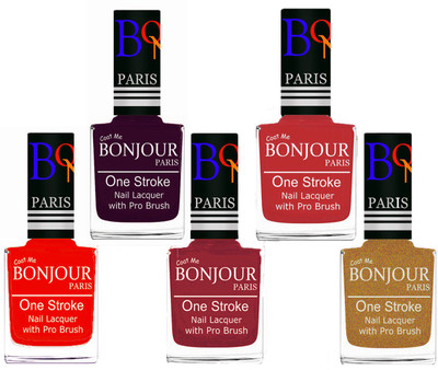 

Bonjour Paris Stylish Nail Polish Set of 5 Pcs 01-02-03-08-43 Orange,Plum,Maroon,Red,Golden Shimmer(Pack of 5)