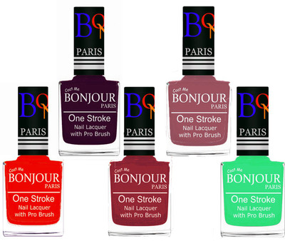 

Bonjour Paris Stylish Nail Polish Set of 5 Pcs 01-02-03-05-47 Orange,Plum,Maroon,Nude,Neon Green(Pack of 5)