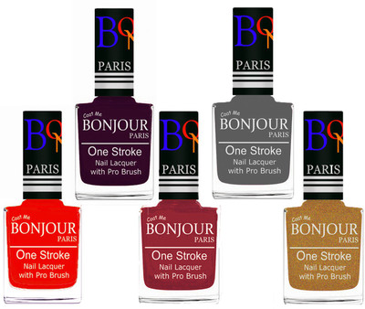 

Bonjour Paris Stylish Nail Polish Set of 5 Pcs 01-02-03-22-43 Orange,Plum,Maroon,Grey,Golden Shimmer(Pack of 5)