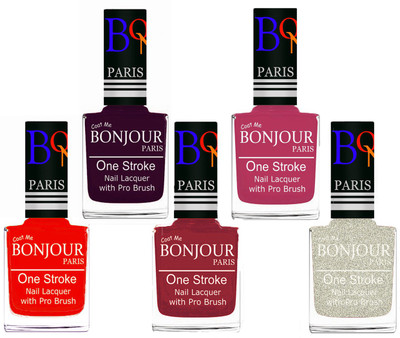 

Bonjour Paris Stylish Nail Polish Set of 5 Pcs 01-02-03-14-38 Orange,Plum,Maroon,Magenta,Glitter White(Pack of 5)