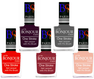 

Bonjour Paris Stylish Nail Polish Set of 5 Pcs 01-02-03-22-24 Orange,Plum,Maroon,Grey,Off Pink(Pack of 5)