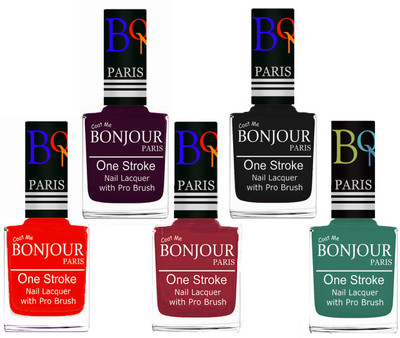 

Bonjour Paris Stylish Nail Polish Set of 5 Pcs 01-02-03-18-42 Orange,Plum,Maroon,Black,Sky Blue(Pack of 5)