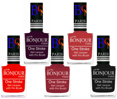 

Bonjour Paris Stylish Nail Polish Set of 5 Pcs 01-02-03-12-18 Orange,Plum,Maroon,Red,Black(Pack of 5)
