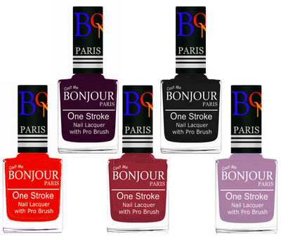 

Bonjour Paris Stylish Nail Polish Set of 5 Pcs 01-02-03-18-28 Orange,Plum,Maroon,Black,Light Purple(Pack of 5)