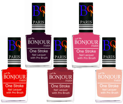 

Bonjour Paris Stylish Nail Polish Set of 5 Pcs 01-02-03-10-24 Orange,Plum,Maroon,Peach,Off Pink(Pack of 5)