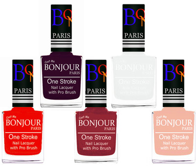 

Bonjour Paris Stylish Nail Polish Set of 5 Pcs 01-02-03-19-24 Orange,Plum,Maroon,White,Off Pink(Pack of 5)