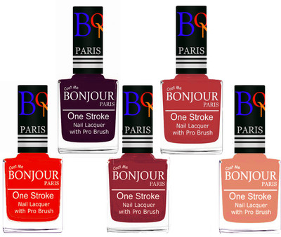 

Bonjour Paris Stylish Nail Polish Set of 5 Pcs 01-02-03-12-23 Orange,Plum,Maroon,Red,Peach(Pack of 5)