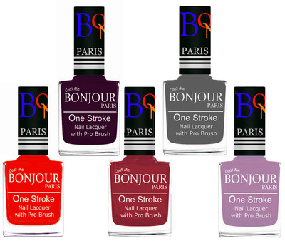 

Bonjour Paris Stylish Nail Polish Set of 5 Pcs 01-02-03-22-28 Orange,Plum,Maroon,Grey,Light Purple(Pack of 5)